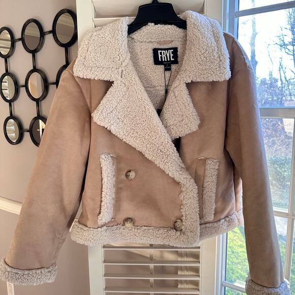 Frye Women's Faux Shearling Tan moto Jacket NWT - Picture 3 of 9